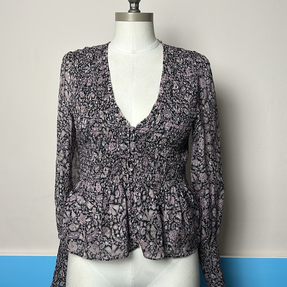 Intermix Purple Black 100% Silk Floral Balloon Sleeve Peplum Blouse Top Size M